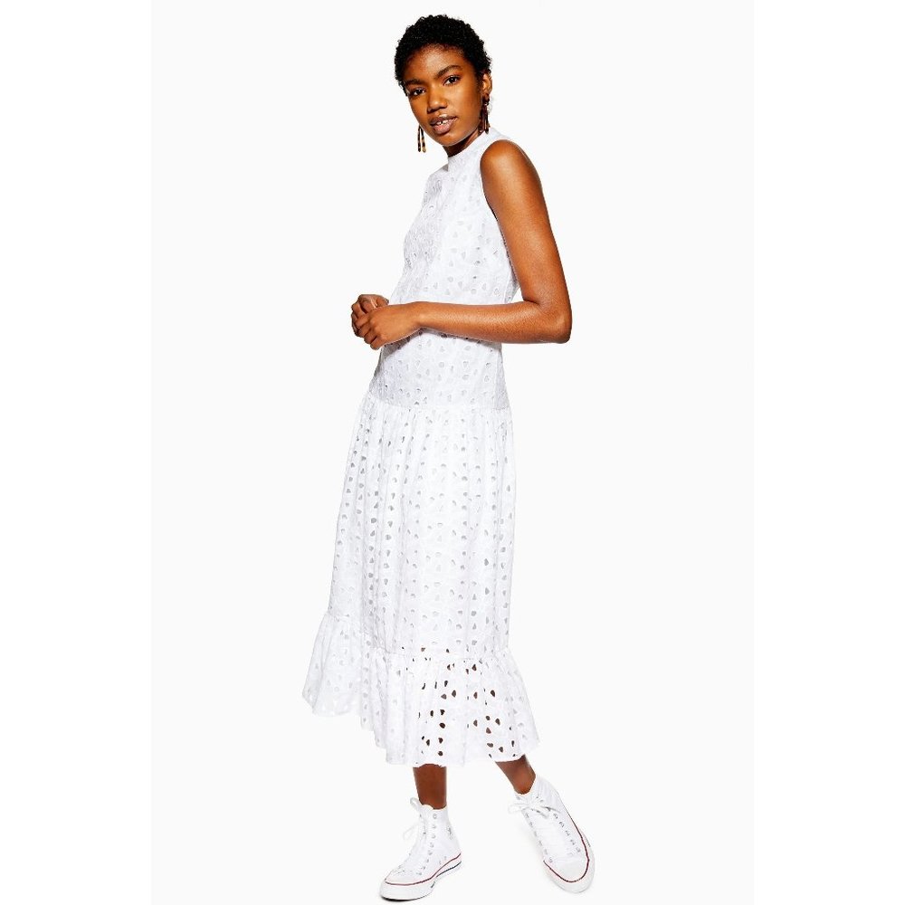 TOPSHOP Womens Broderie Midi Smock Dress 4 White Eyelet Lace Sleeveless Ruffle